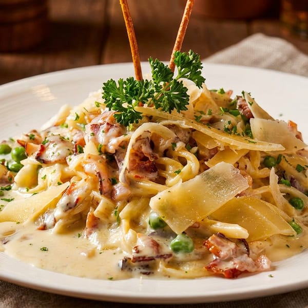 Creamy pasta with bacon, peas, shaved Parmesan, and parsley, garnished with breadsticks.