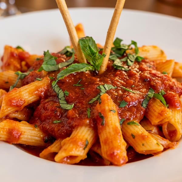Penne pasta with rich red sauce, fresh basil, and two breadsticks on a white plate.