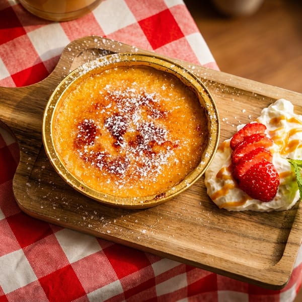 Crème brûlée with powdered sugar, whipped cream, strawberries, and mint on a wooden board and checkered tablecloth.