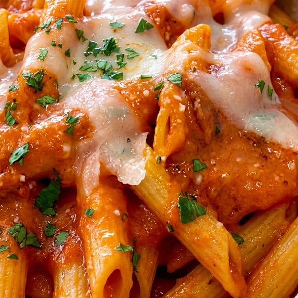 Close-up of penne pasta with tomato sauce, melted mozzarella, and fresh parsley in a bread bowl.