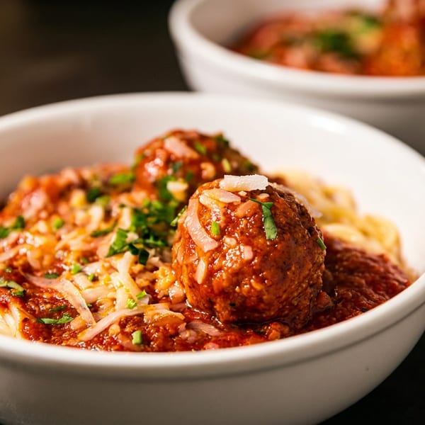 Spaghetti and meatballs with red sauce, grated cheese, and parsley in a white bowl.