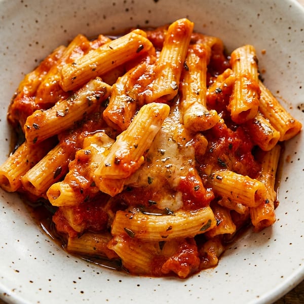 Rigatoni pasta with rich tomato sauce, melted cheese, and herbs in a speckled white bowl.