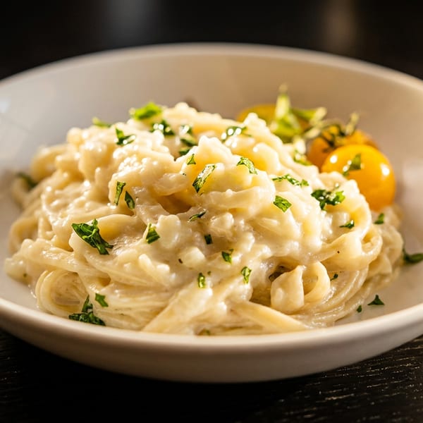 Creamy pasta with fresh herbs and yellow cherry tomatoes in a white bowl.